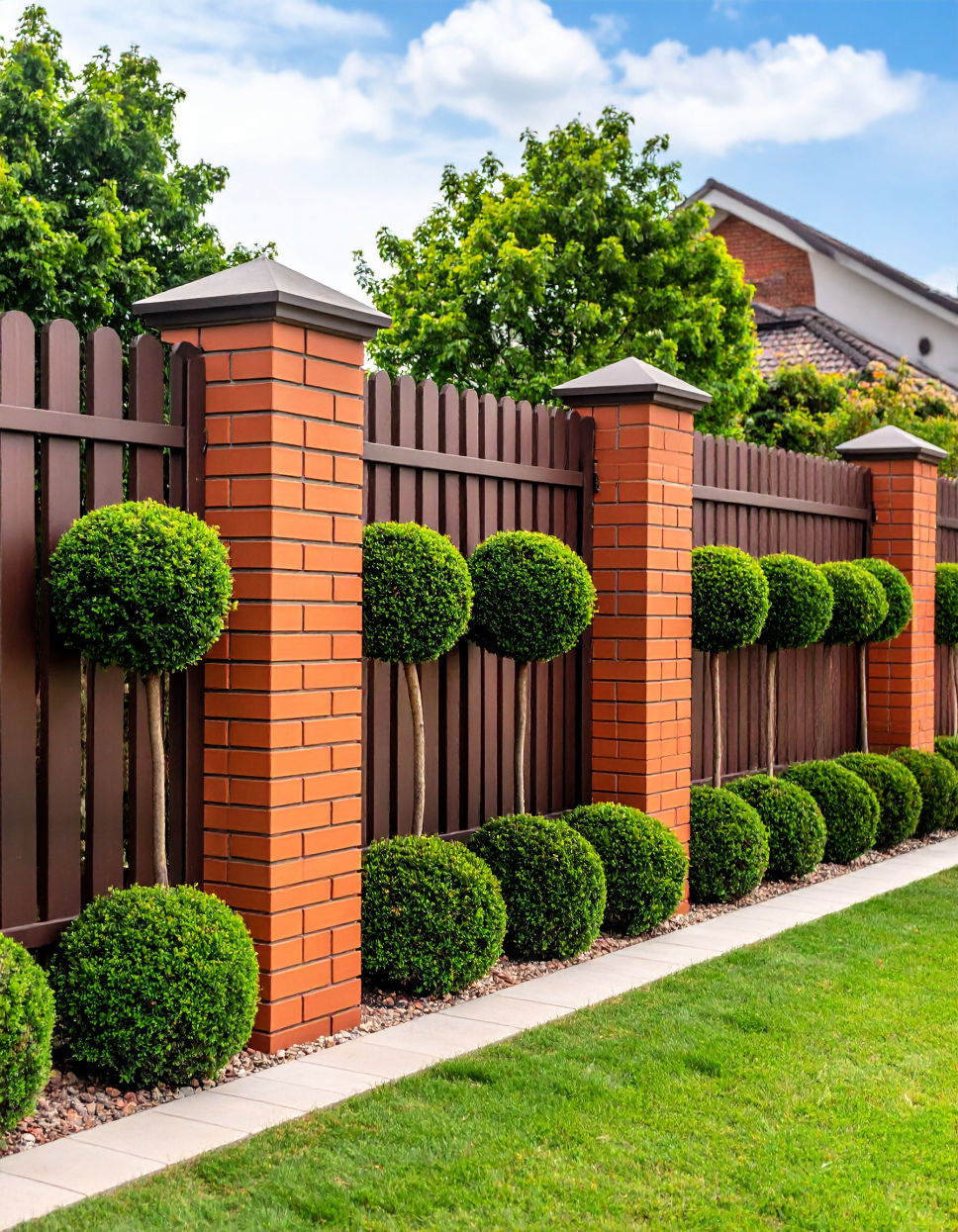 Brick Fence with Topiary Hedges