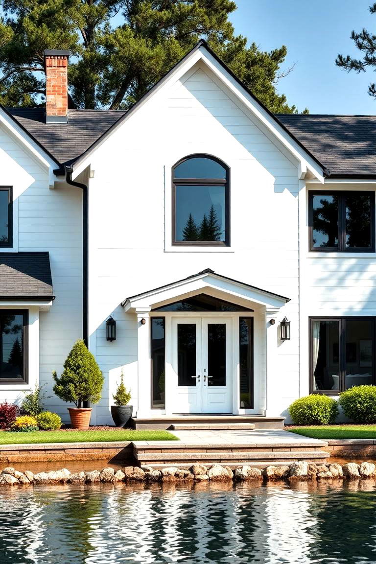 Bright White with Dark Trim for Modern Contrast - 25 Lake House Exterior Colors Ideas
