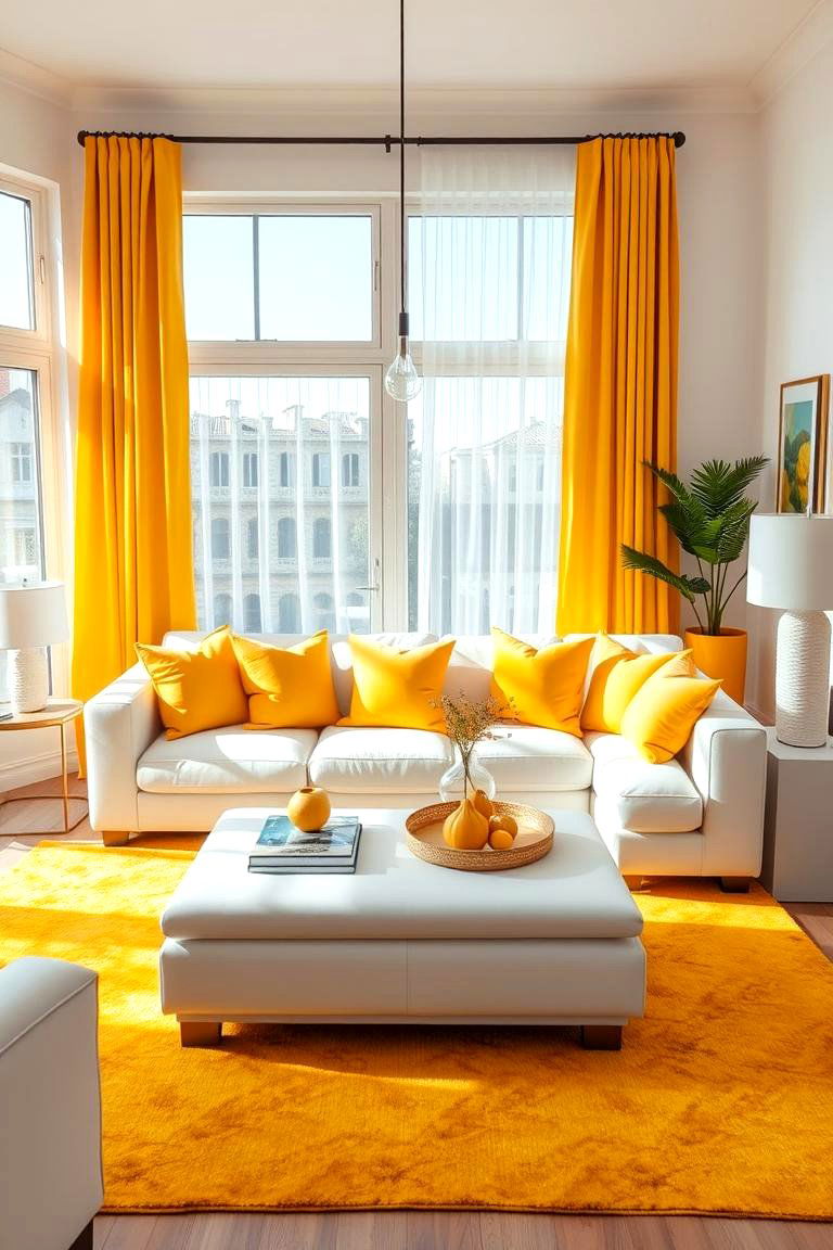 Bright and Cheerful with Yellow Accents - 25 White Couch Living Room Ideas