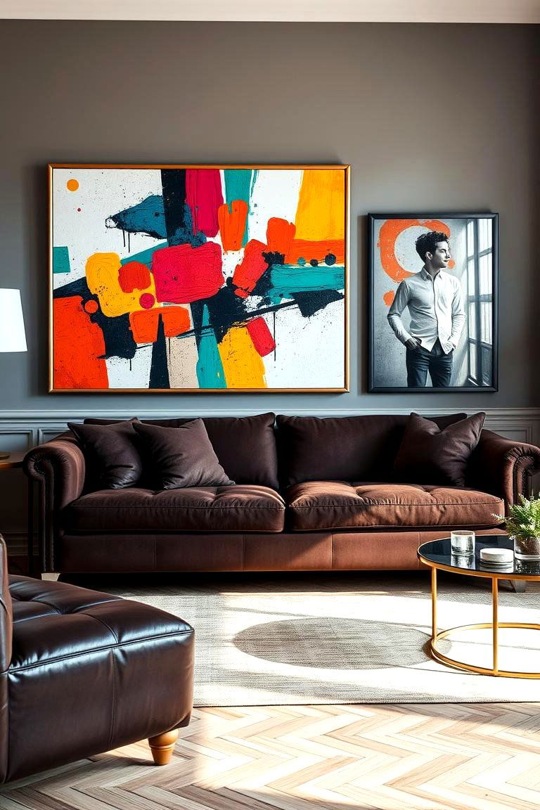 Brighten the Space with Bold Artwork - 25 Dark Brown Couch Living Room Ideas