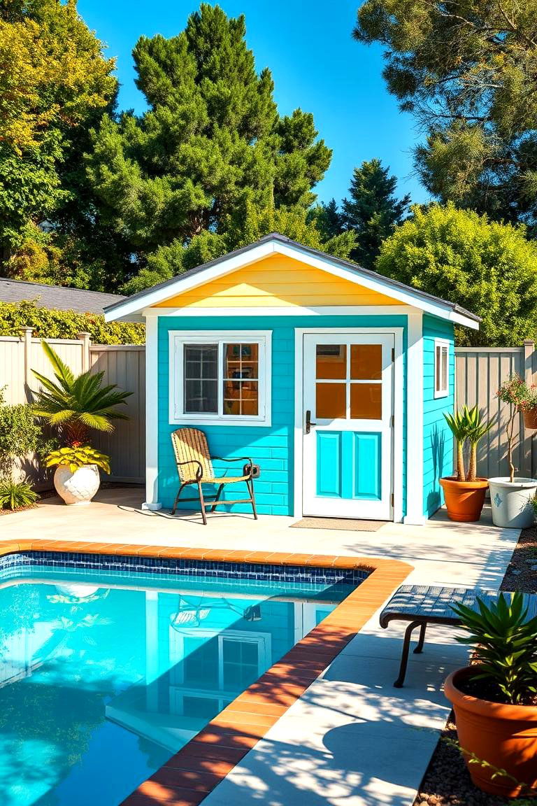 Brightly Painted Shed to Energize Your Pool Area - 25 Pool Shed Ideas