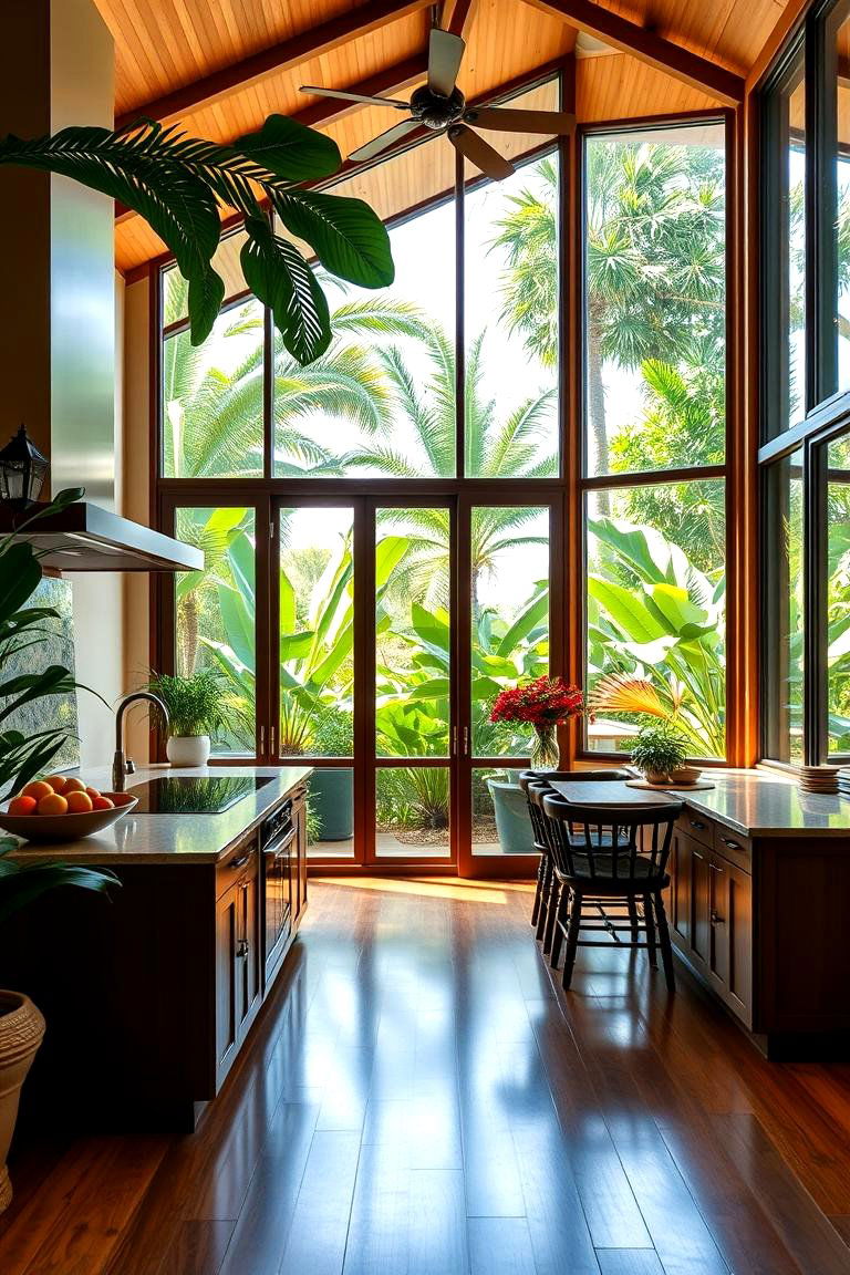 Bring the Outdoors In with Large Windows - 25 Tropical Kitchen Ideas
