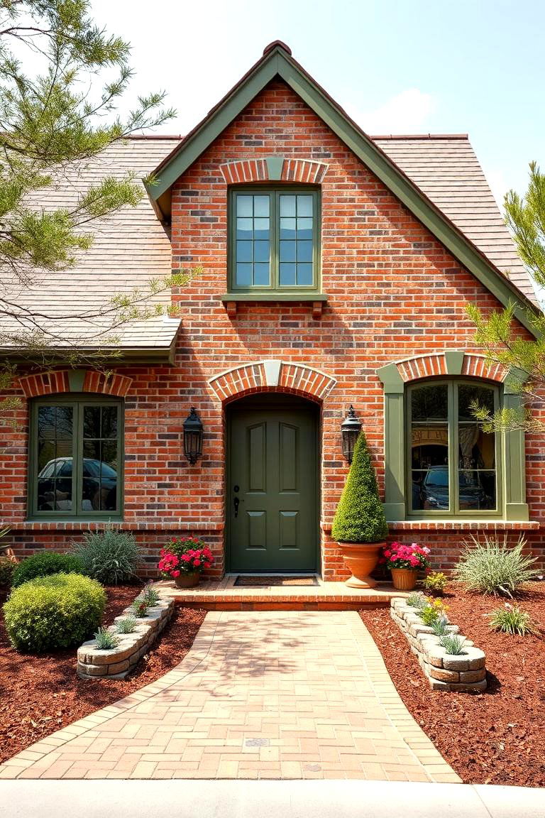 Brown Brick with Olive Green - 25 Exterior Brick and Paint Color Combinations