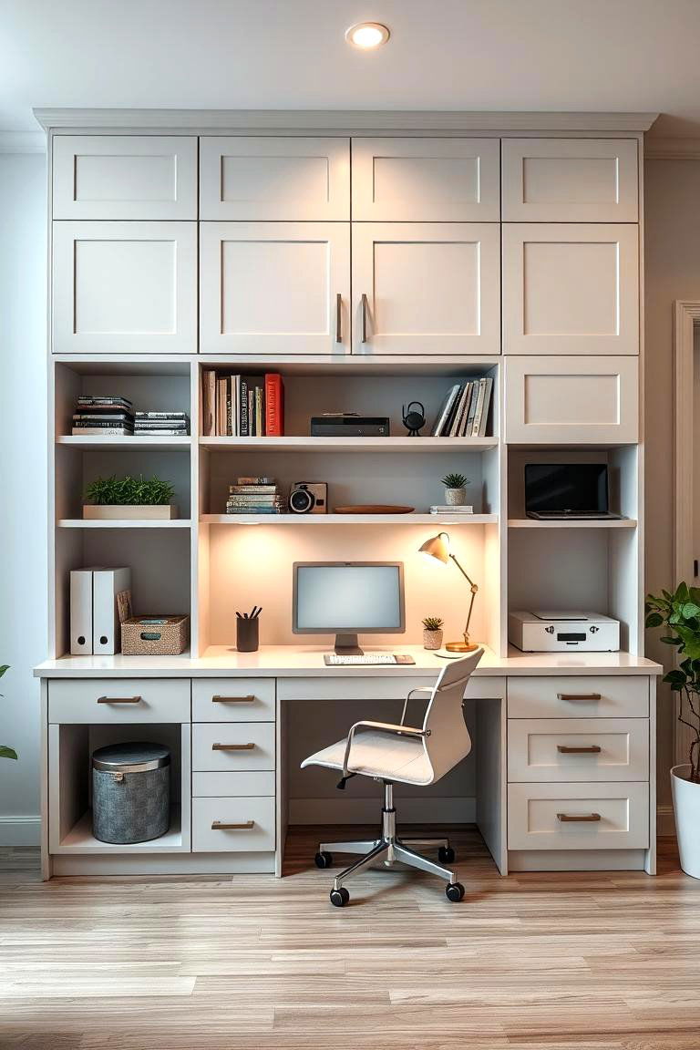 Built In Desk Area with Cabinets Above - 25 Floor to Ceiling Cabinets Ideas