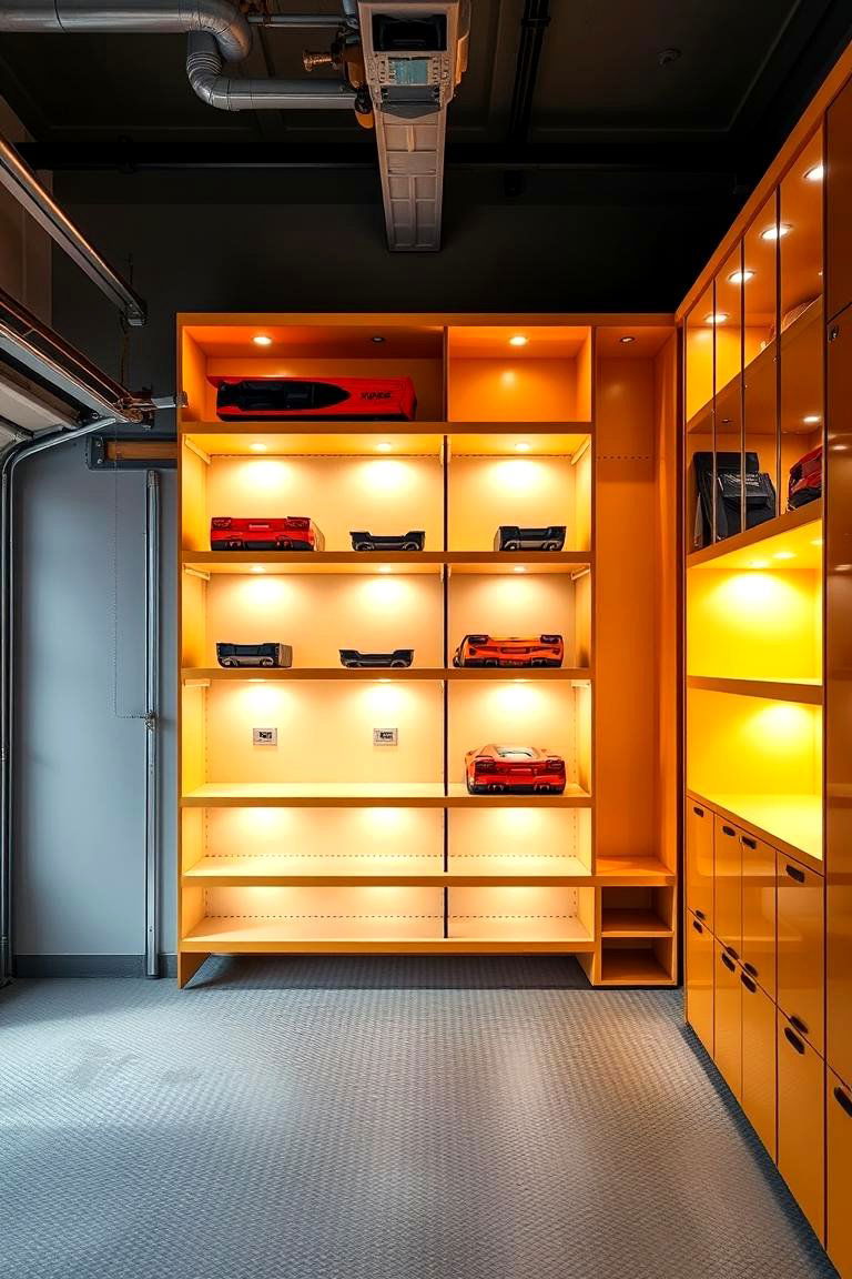 Built In Shelving with Integrated Lighting - 25 Garage Shelving Ideas