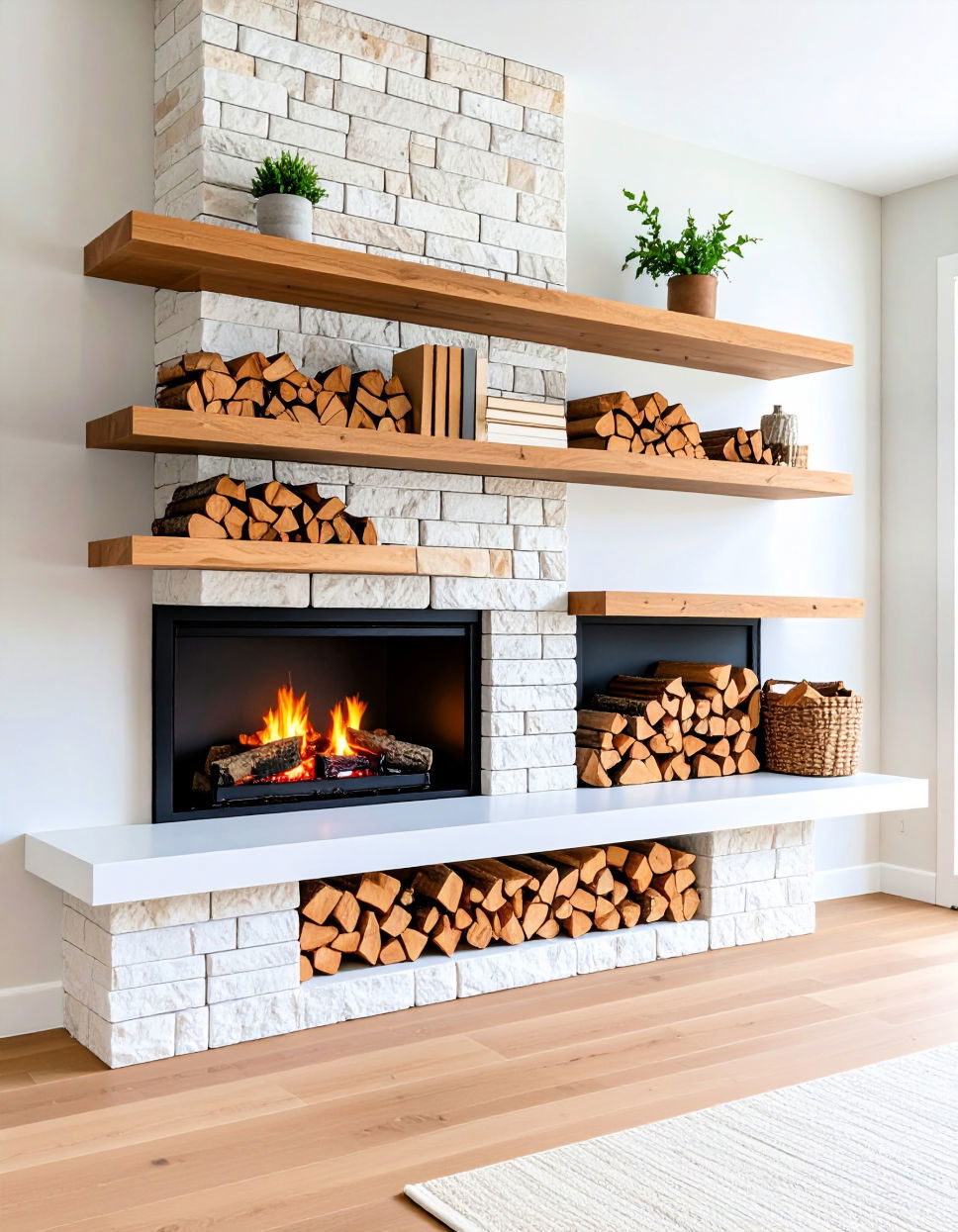 Built in Firewood Storage Floating Shelves