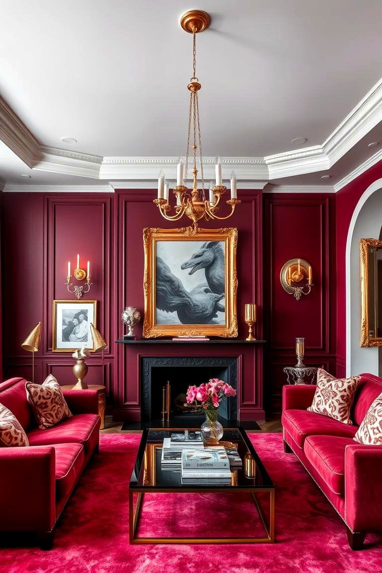Burgundy Accent Wall with Metallic Details - 25 Burgundy Living Room Ideas