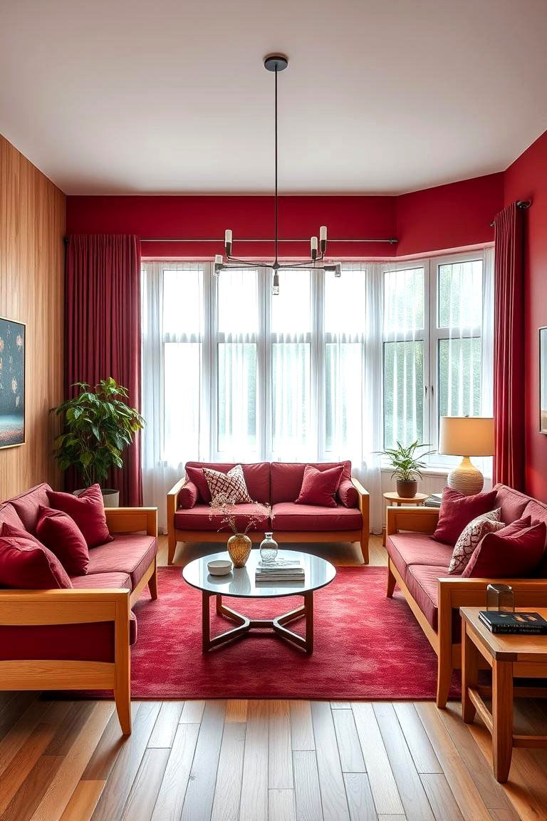 Burgundy Accents with Light Wood Furniture - 25 Burgundy Living Room Ideas