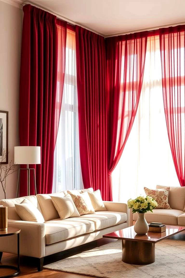 Burgundy Curtains with Sheer Panels for Softness - 25 Burgundy Living Room Ideas