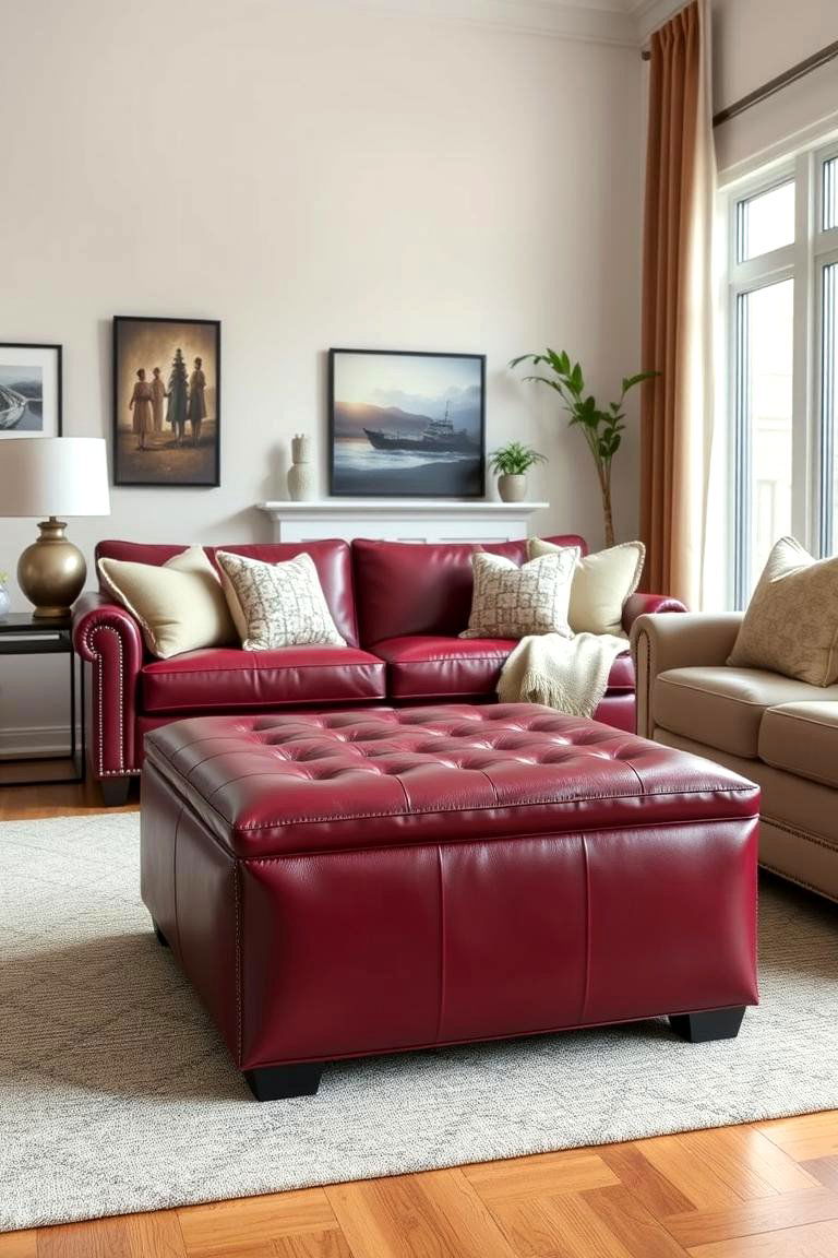 Burgundy Leather Ottoman for Extra Comfort - 25 Burgundy Living Room Ideas