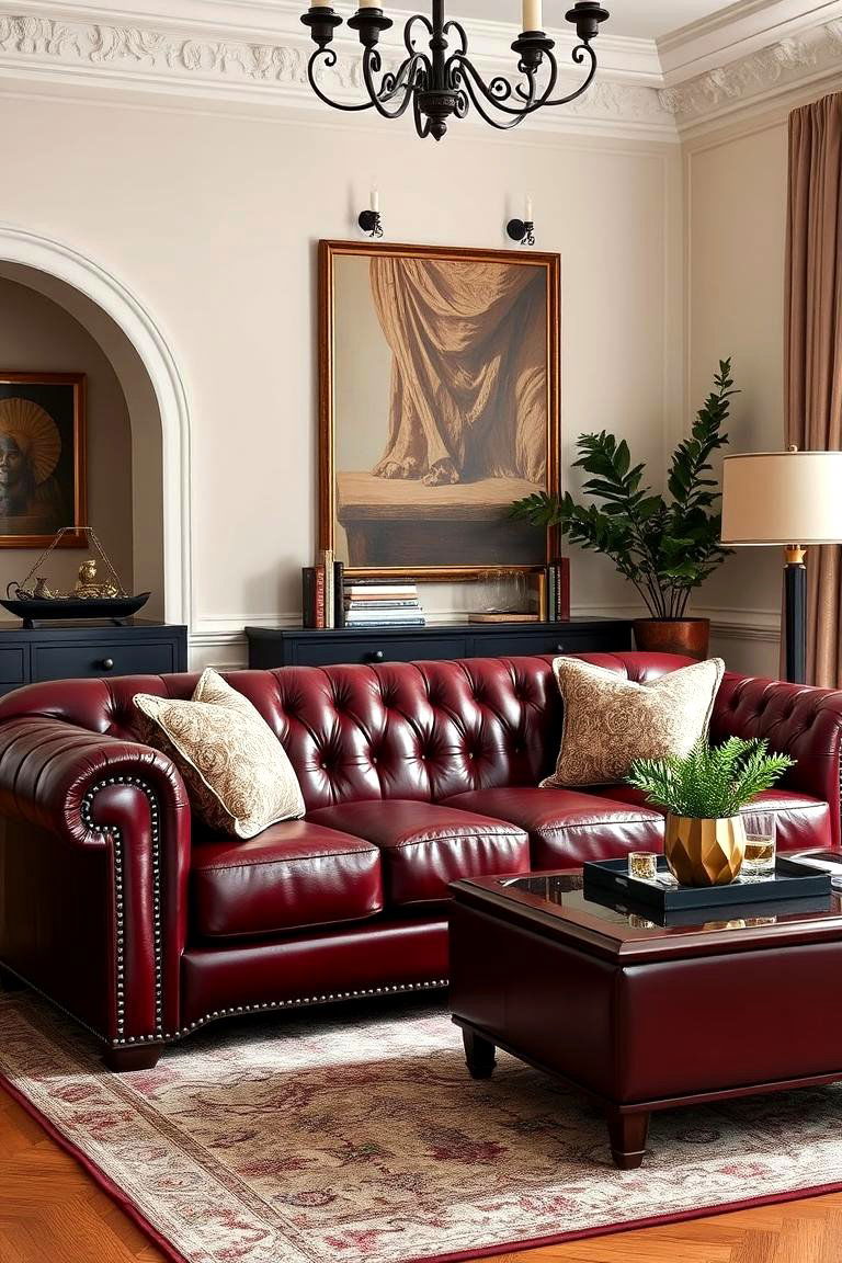 Burgundy Leather Sofa for a Chic Luxurious Feel - 25 Burgundy Living Room Ideas