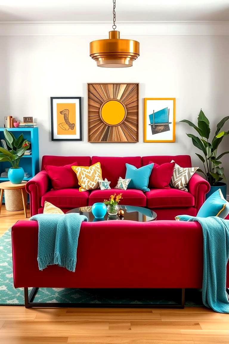 Burgundy Sofa with Bright Accent Colors for Energy - 25 Burgundy Living Room Ideas