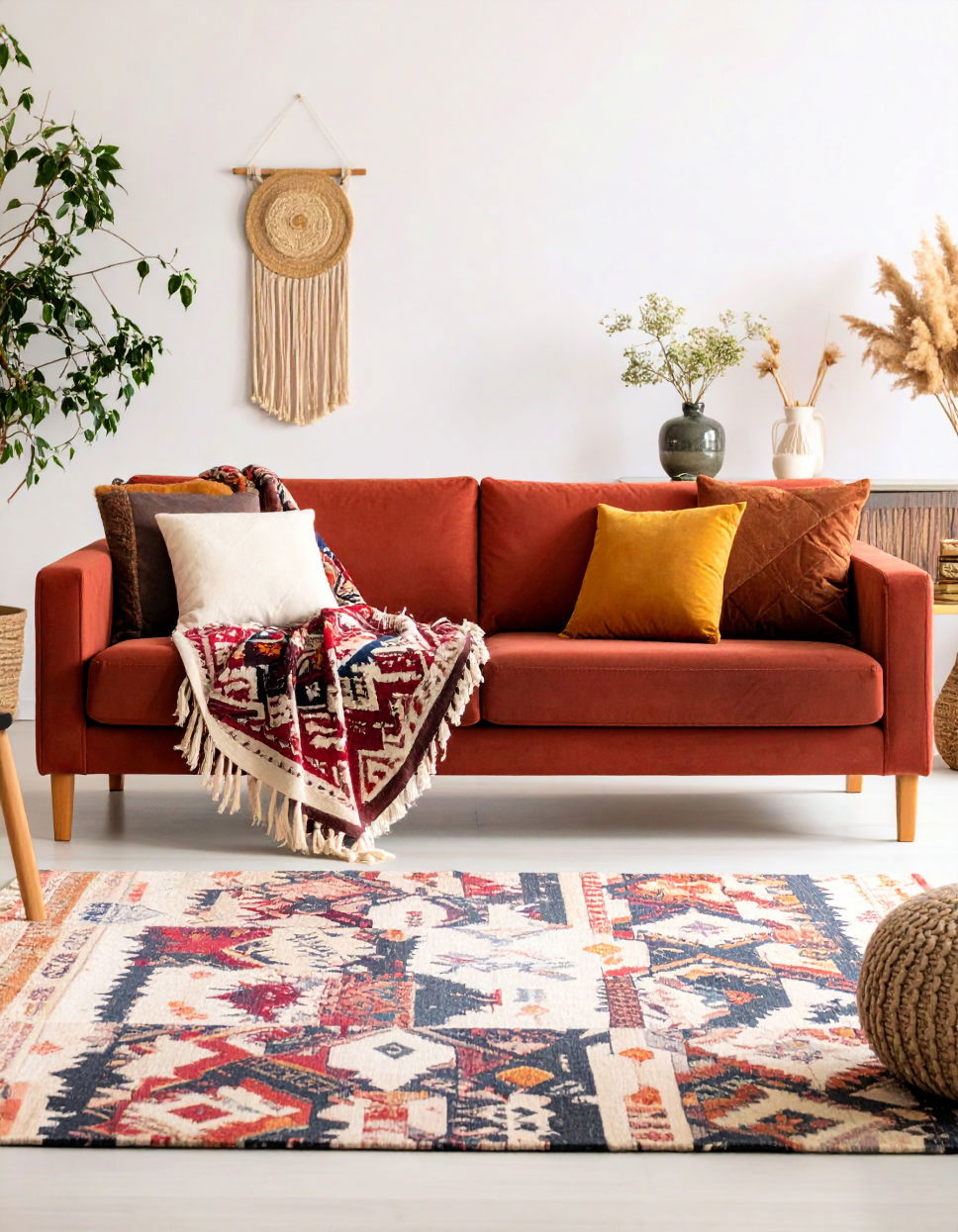 Burgundy Sofa with Patterned Throw for Texture
