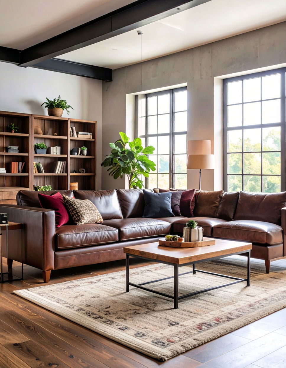 Burgundy Throw Pillows on Leather Furniture