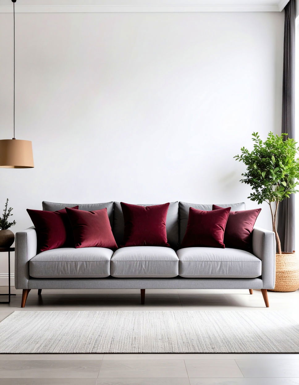 Burgundy Throw Pillows on a Gray Sofa