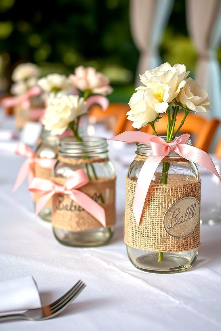 Burlap and Ribbon Mason Jar Accents - 25 Mason Jar Centerpiece Ideas