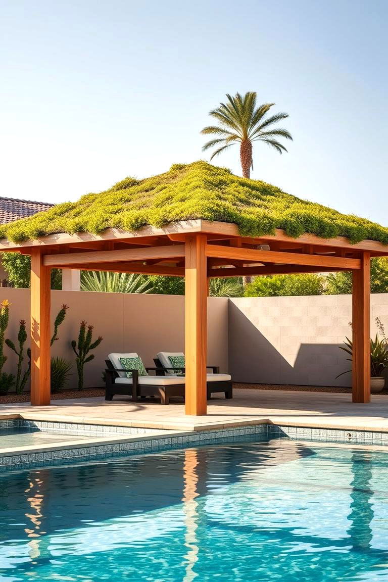 Cabana with Green Roof for Sustainable Shade - 25 Pool Landscaping Ideas