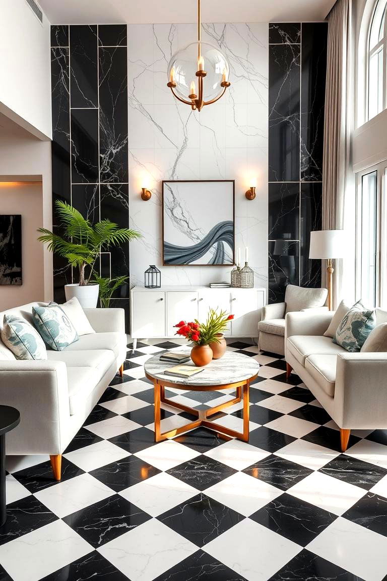 Checkerboard Pattern for Retro Chic - 25 Marble Floor Living Room Ideas