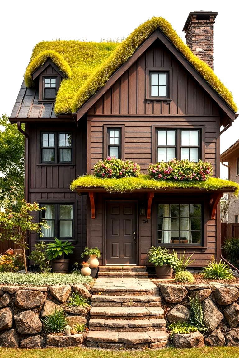 Chocolate Brown with Green Roof Landscaping - 25 Chocolate Brown House Exterior Design Ideas