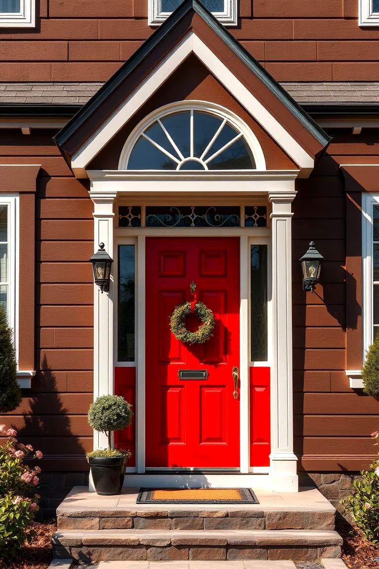 Chocolate Brown with Vibrant Red Door - 25 Chocolate Brown House Exterior Design Ideas