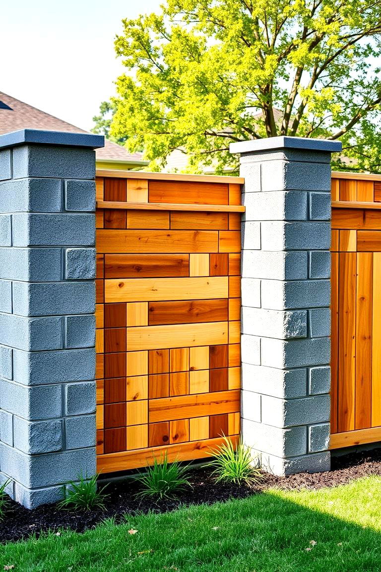 Cinder Block Fence with Wood Panel Inserts - 25 Cinder Block Fence Ideas