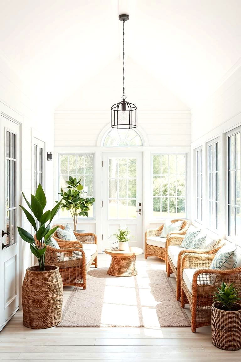 Classic White Shiplap Walls - 25 Farmhouse Sunroom Ideas