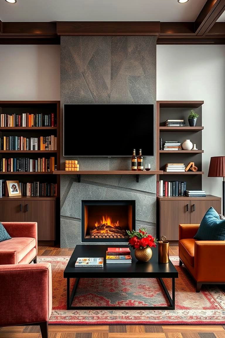 Combining a Fireplace and Bookshelves with a Home Bar - 25 Fireplace With Bookshelves