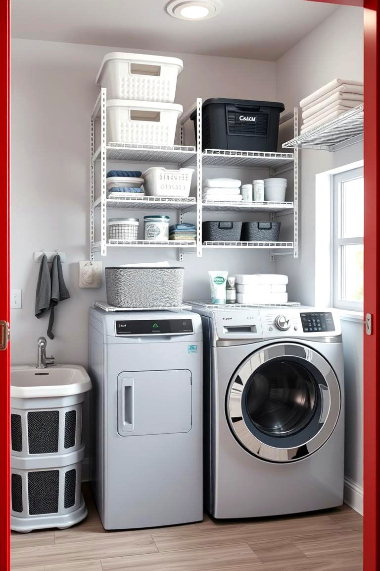Compact Stackable Laundry with Multi Use Shelving - 25 Stackable Laundry Room Ideas