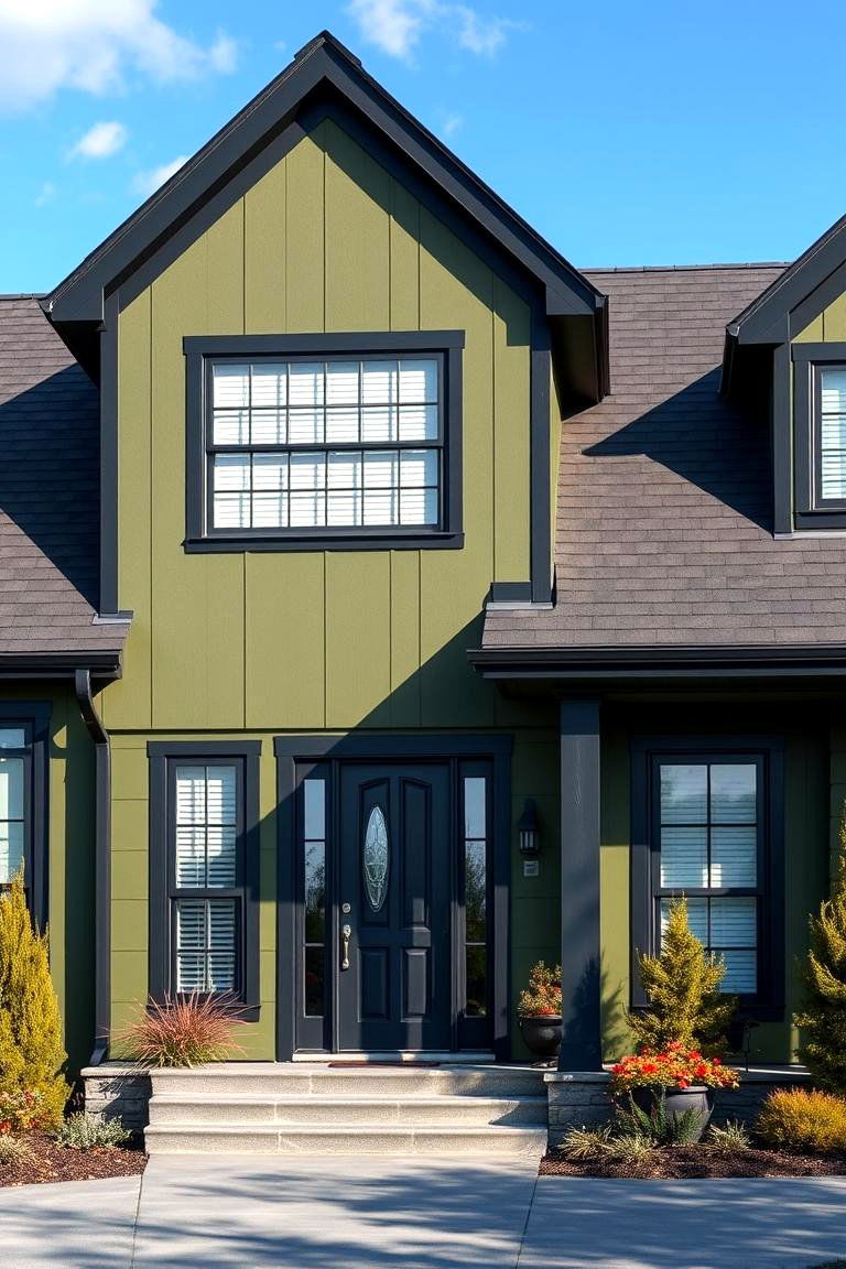 Complementing Dark Roofs - 25 Dark Olive Green House With Black Trim