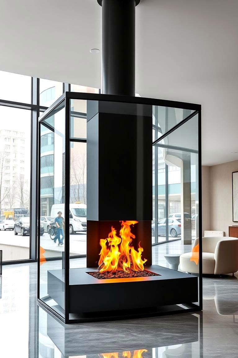 Contemporary Glass Enclosed Fireplace - 25 Floor to Ceiling Fireplace Ideas