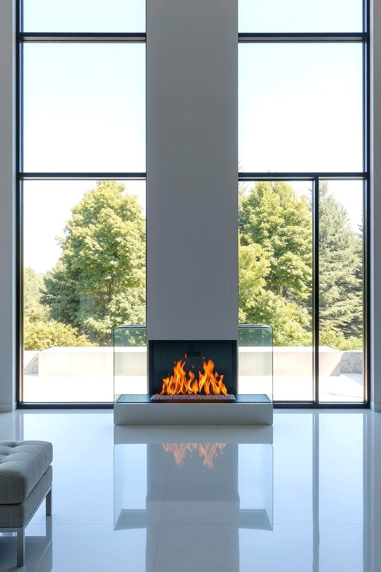 Contemporary Linear Fireplace with Frameless Glass - 25 Fireplace Between Windows Ideas