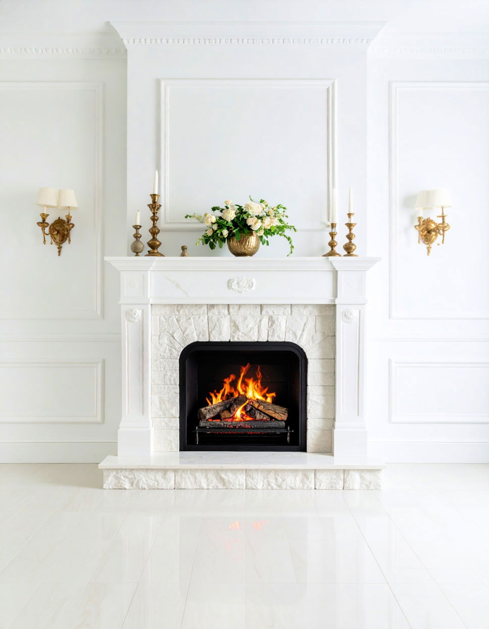 Contemporary White Stone Fireplace