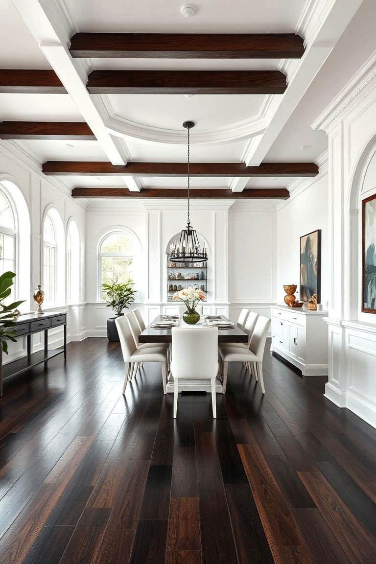 Contrast with White Walls - 25 dark wood floor dining room ideas