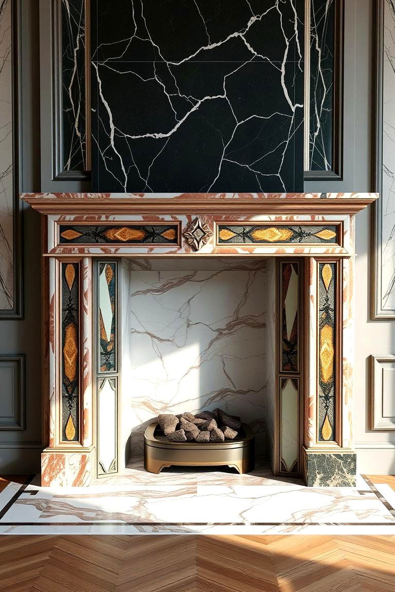 Contrasting Marble Inlay - 25 Marble Fireplace Ideas