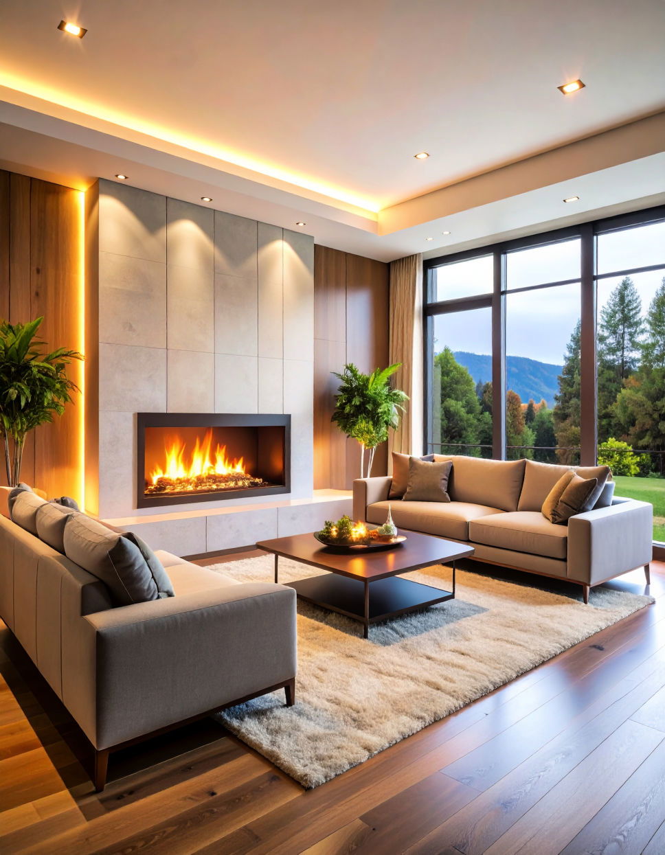 Corner Fireplace with Built In Lighting
