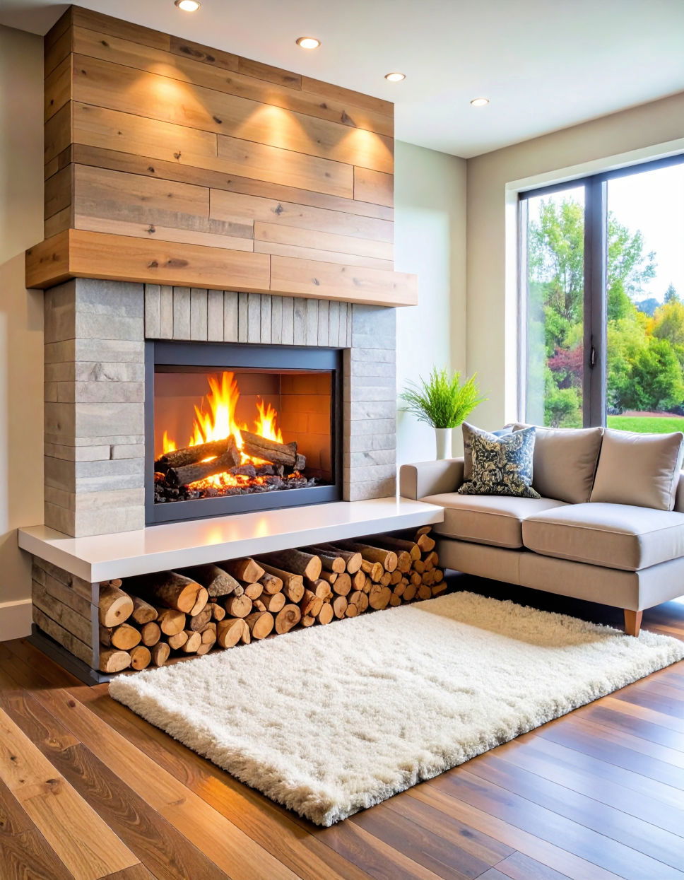 Corner Fireplace with Faux Fireplace Logs