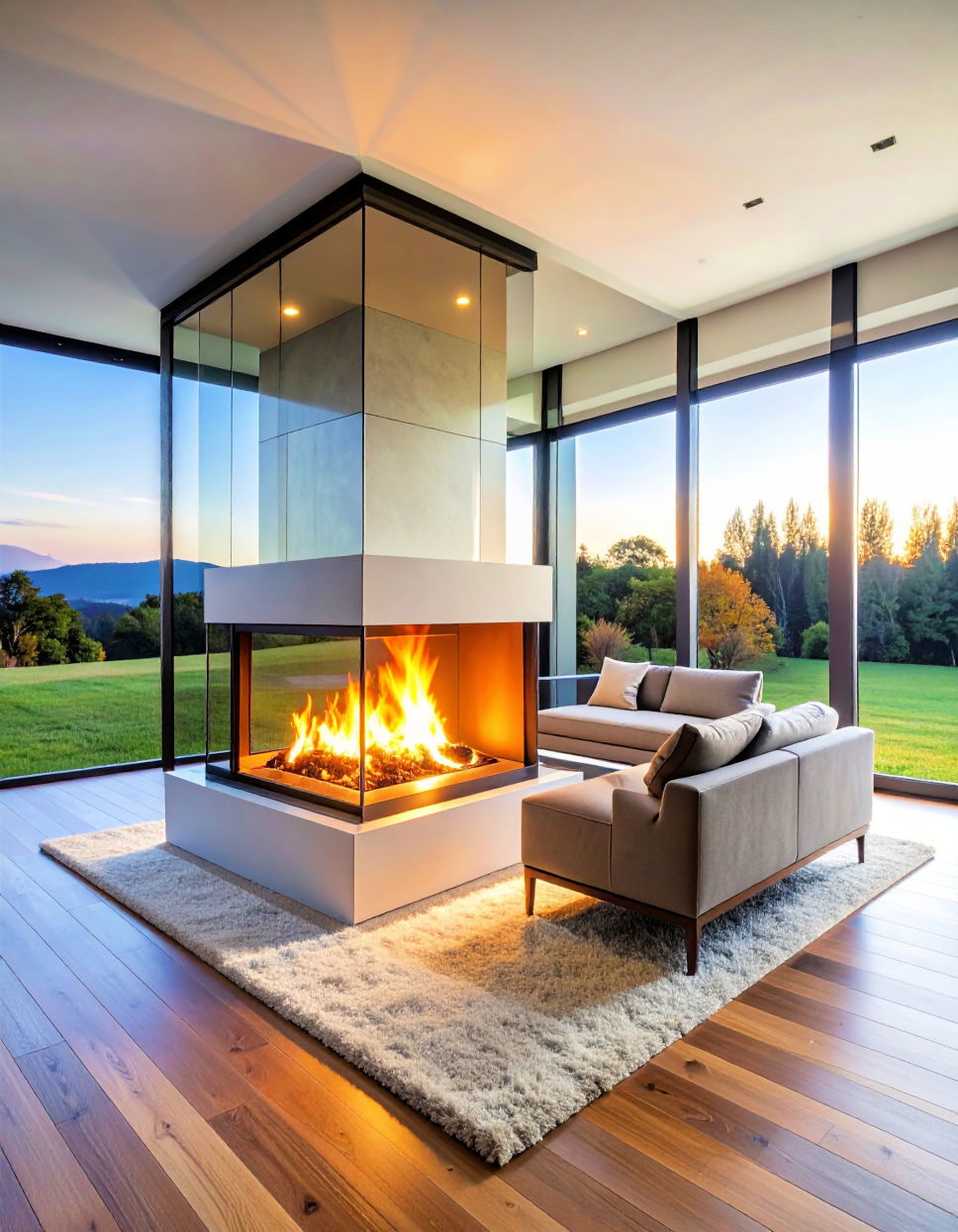 Corner Fireplace with Glass Surround
