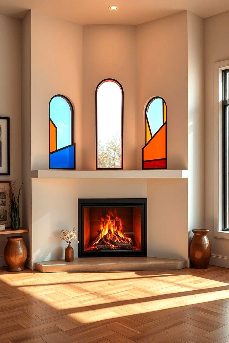 Corner Fireplace with Modern Art Windows - 25 Fireplace Between Windows Ideas