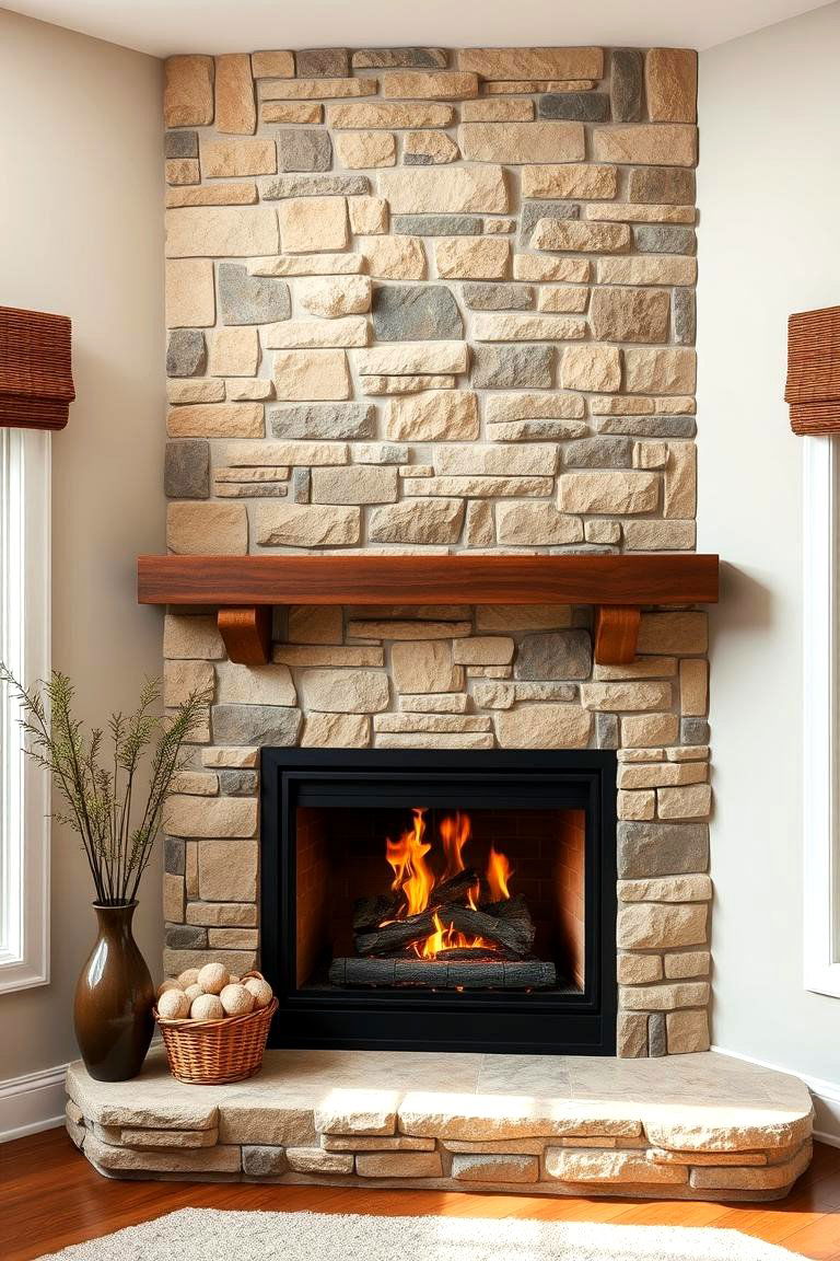 Corner Fireplace with Stone Accent Wall - 25 Corner Fireplace Ideas