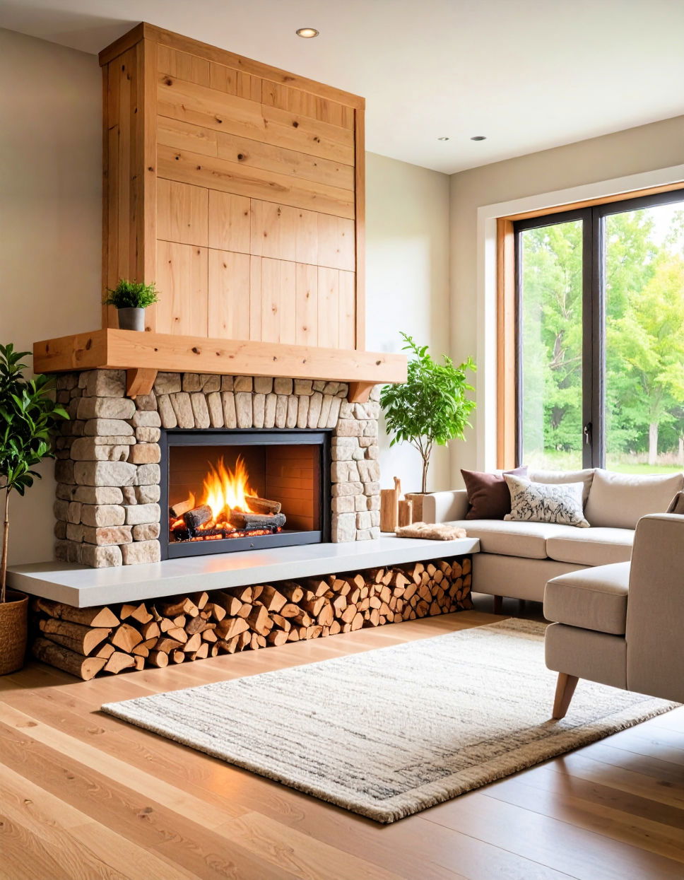 Corner Fireplace with Wood Storage