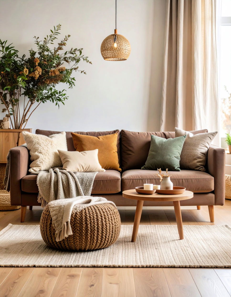 Cozy Earthy Tones with a Dark Brown Couch