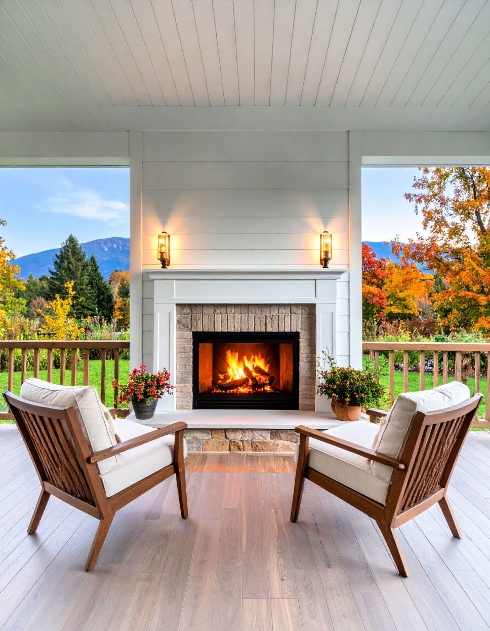 Cozy Fireplace to Extend the Season Three Season Porch Ideas