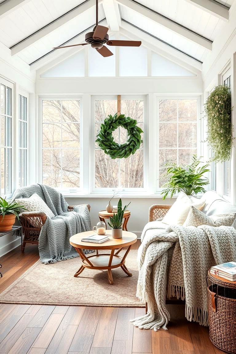 Cozy Throw Blankets - 25 Farmhouse Sunroom Ideas