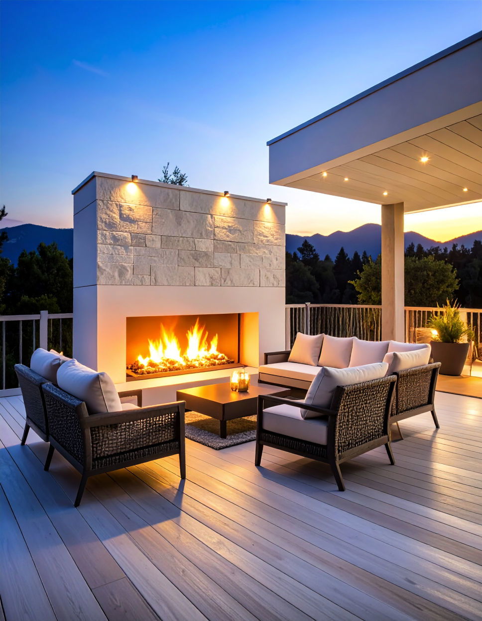Cozy White Deck with a Fireplace