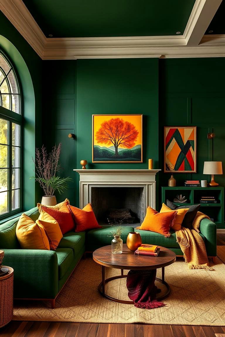 Create Contrast with Bold Accent Colors - 25 Forest Green Living Room Ideas