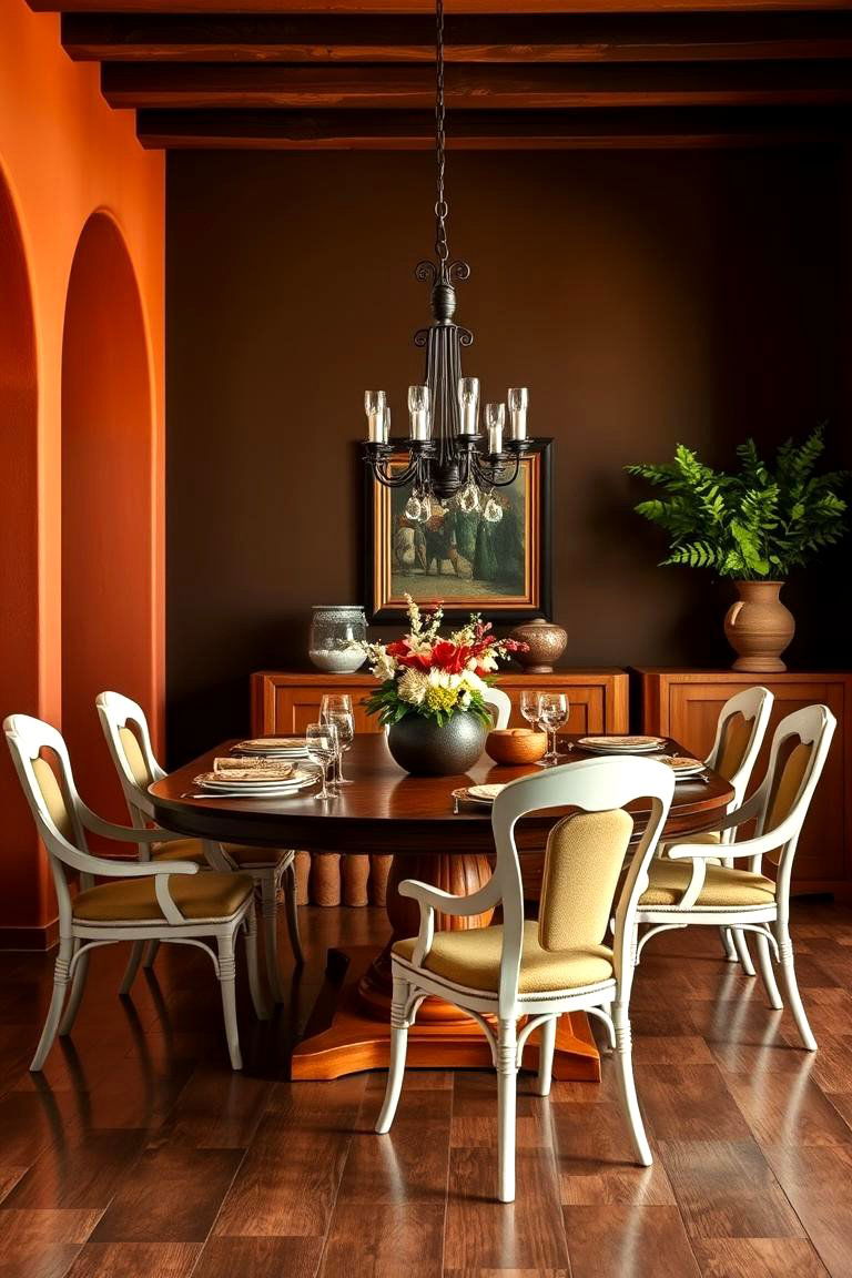Create Contrast with Dark Walls and Light Furnishings - 25 spanish style dining room ideas