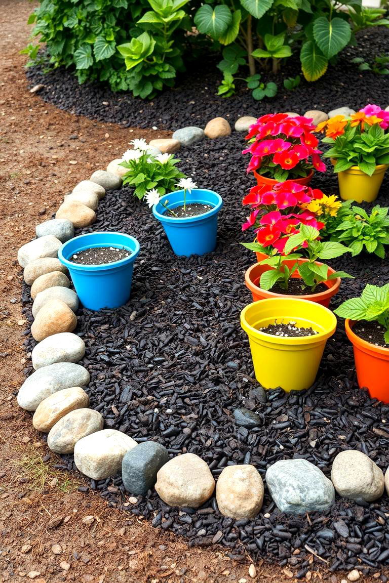 Create a Mulch Layered Rock Border for Flower Pots - 25 Front Yard Landscaping Ideas With Rocks and Mulch