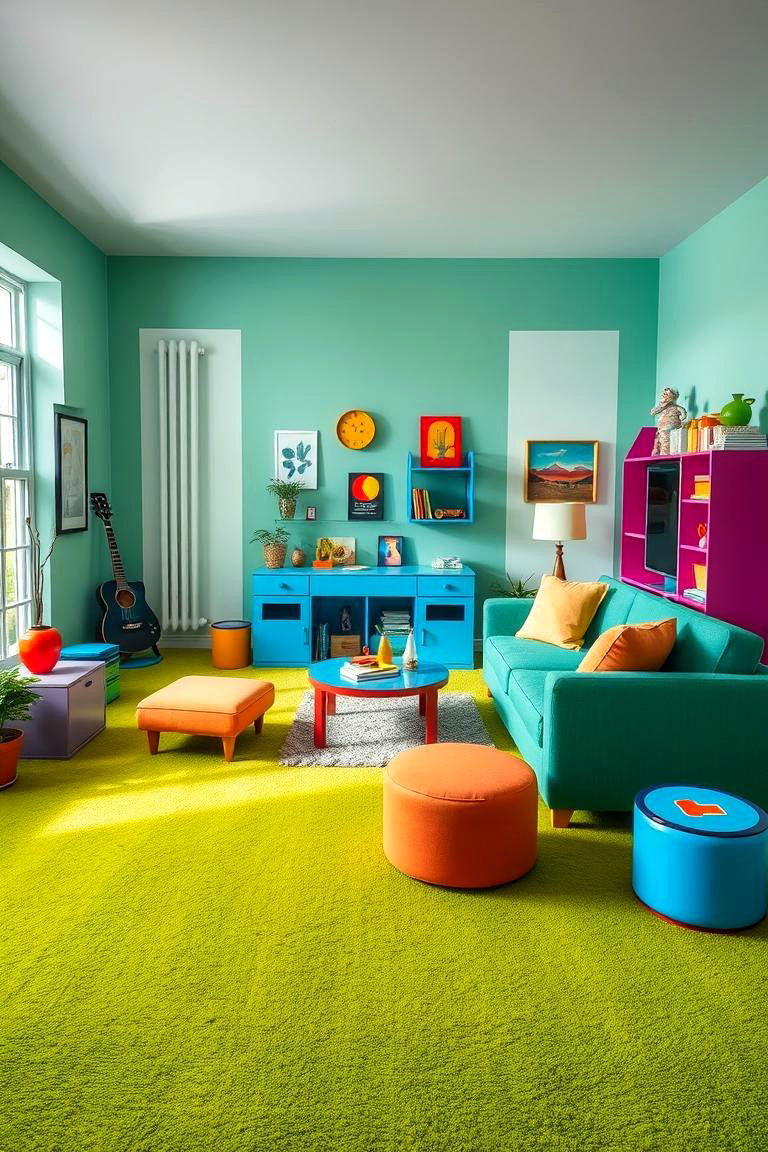 Create a Playful Atmosphere with Bright Green Carpets - 25 Green Carpet Living Room Ideas