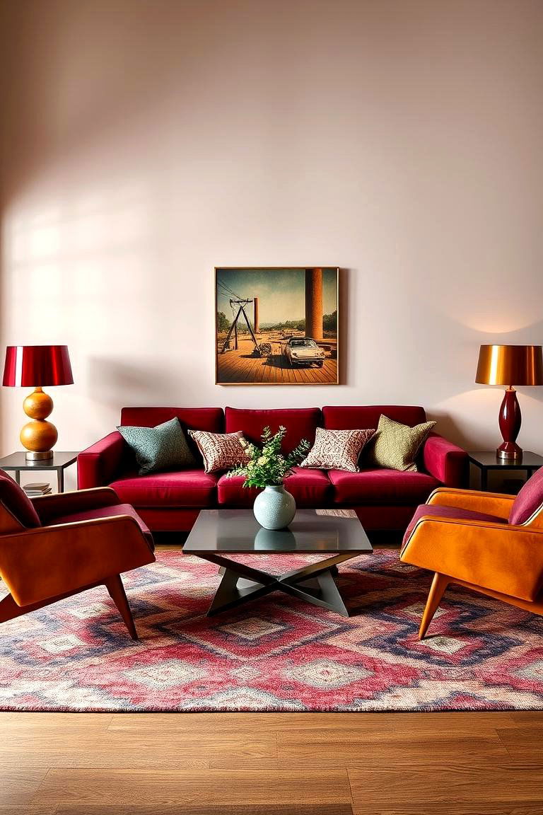 Create a Vintage Vibe with Retro Accessories - 25 Burgundy Sofa Living Room Ideas