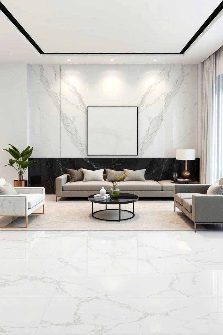 Creating Zones with Different Marble Tones - 25 Marble Floor Living Room Ideas